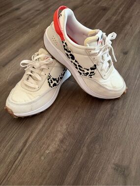 Nike Women's White Sneakers with Black Leopard Swoosh and Coral Heel